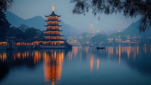 静谧湖泊古建夜景