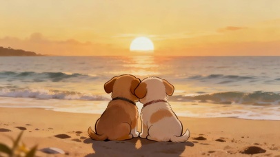 狗狗海边看晚霞