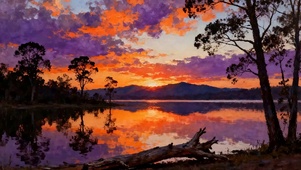 油画夕阳树木