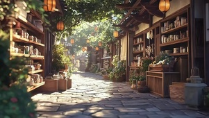 灿烂夏日古城商业街道