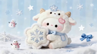 毛绒绒的小羊与雪花