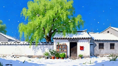 雪景小镇柳树