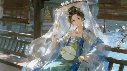 执扇佳人临水观花