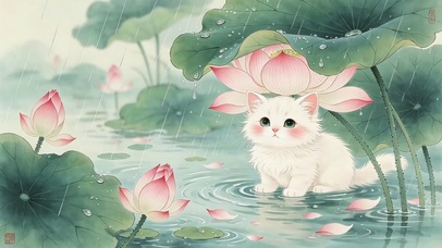 荷叶下躲雨的猫咪