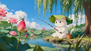 荷花池塘钓鱼猫咪