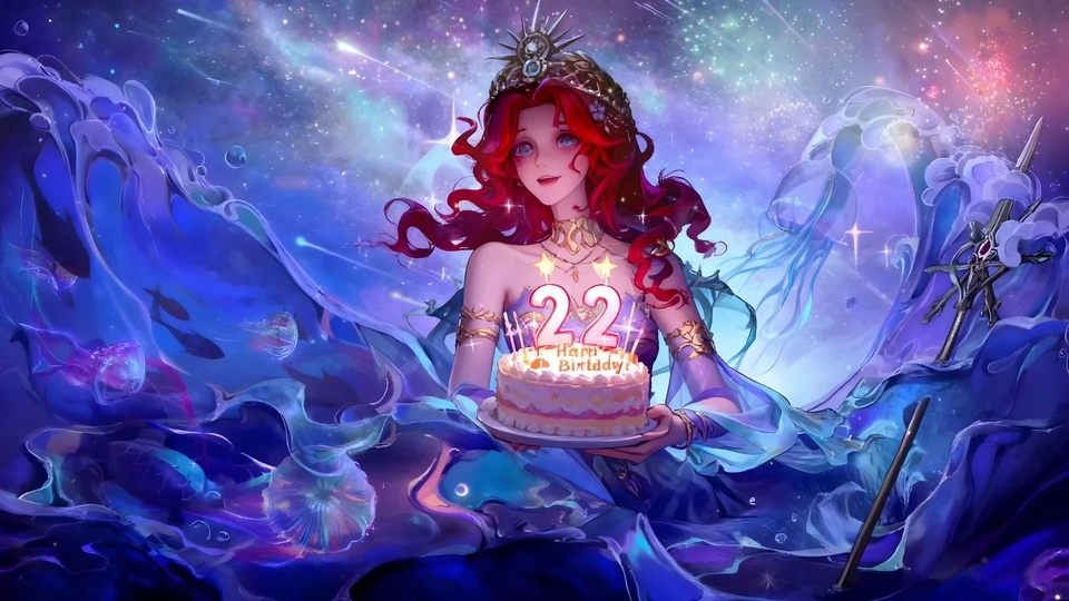 红发女子托举生日蛋糕，立于紫蓝星空与流动水浪之间，画面点缀着发光水母与流星。