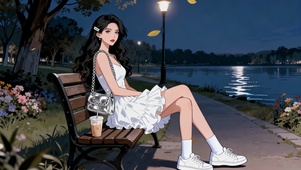 夜灯河畔的优雅美女