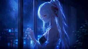 雨夜窗边银发二次元美少女绯雪