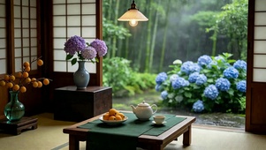 日式雨天庭院治愈茶室
