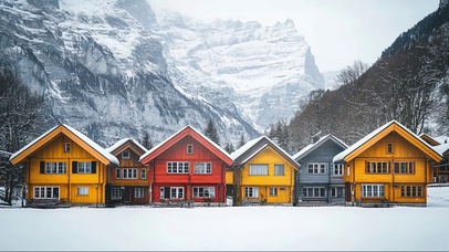 清新雪原彩色木屋