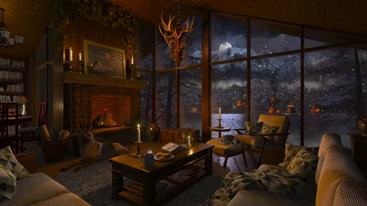 雪天夜晚圆月湖边别墅