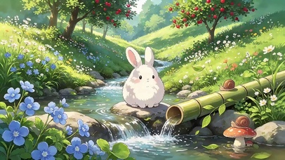 森林溪流消暑小兔