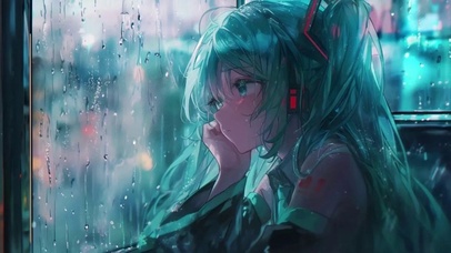 美少女孤单望着窗外雨滴屏唯美