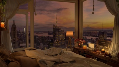 温馨傍晚城市房间