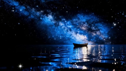 星空下湖面小船