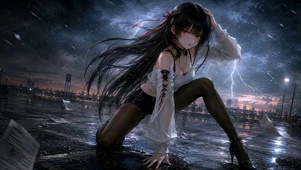 雨夜黑发红瞳二次元美少女