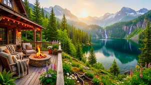 唯美高山湖边小屋