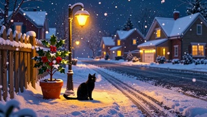 雪街灯下黑猫