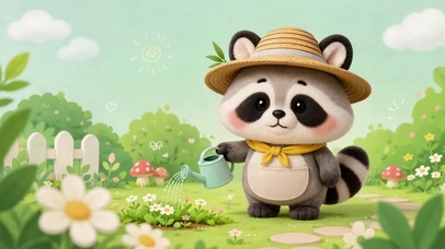 治愈可爱小浣熊花园浇花