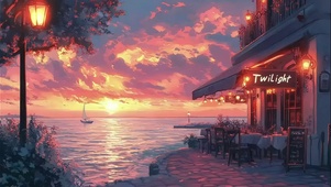 海边晚霞黄昏酒馆风景