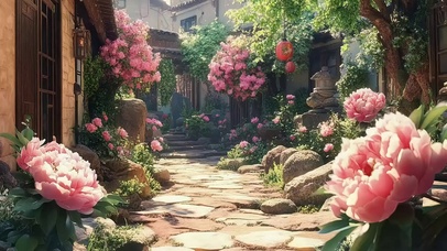 夏日鲜花古风小镇院落