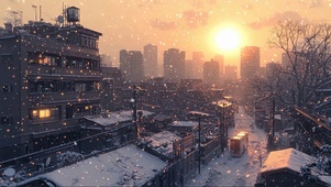 白雪冬日城市落日