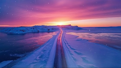 日出朝霞雪原公路