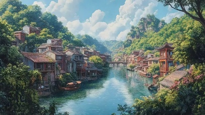 夏日森林河岸古风小镇