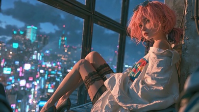 天台夜景粉发少女