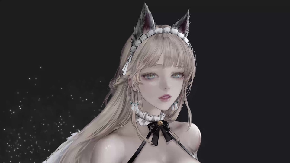 浅金色长发兽耳女仆少女厚涂插画，深暗星点背景，低饱和冷调