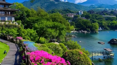 蓝天白云树木海景带鱼屏