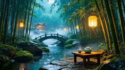 雨天竹林小桥溪流