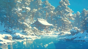 冬日森林湖畔古风建筑