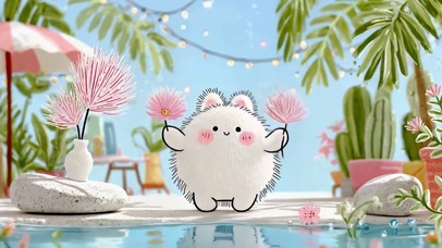 泳池边举花可爱团子