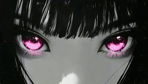 黑发粉眼少女插画