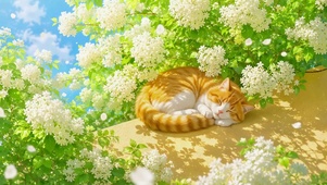 暖阳花丛下熟睡的橘猫
