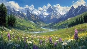 雪山夏日绿色花海森林