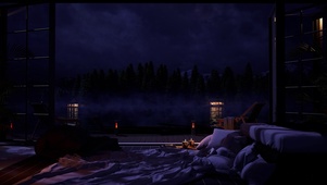 夜晚河流小屋