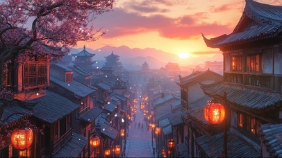 春日古镇浪漫傍晚黄昏