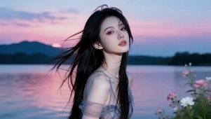 晚霞海边女孩