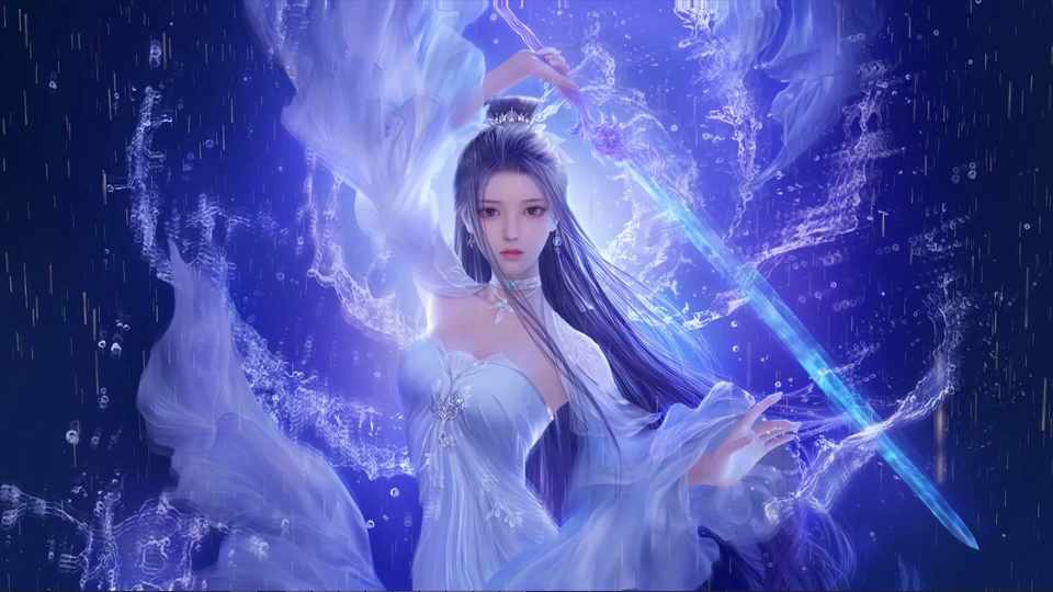 暗蓝紫背景中，古风女子持水形剑，身周环绕水花。