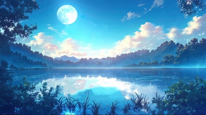 圆月迷雾森林湖泊