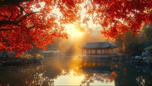 红叶湖畔古亭唯美落日