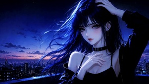 夜幕天台蓝发二次元美少女