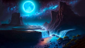 唯美梦幻夜晚山水瀑布