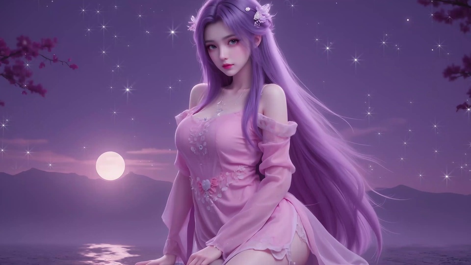 紫发少女穿浅粉露肩纱裙，身处月夜星空海边场景