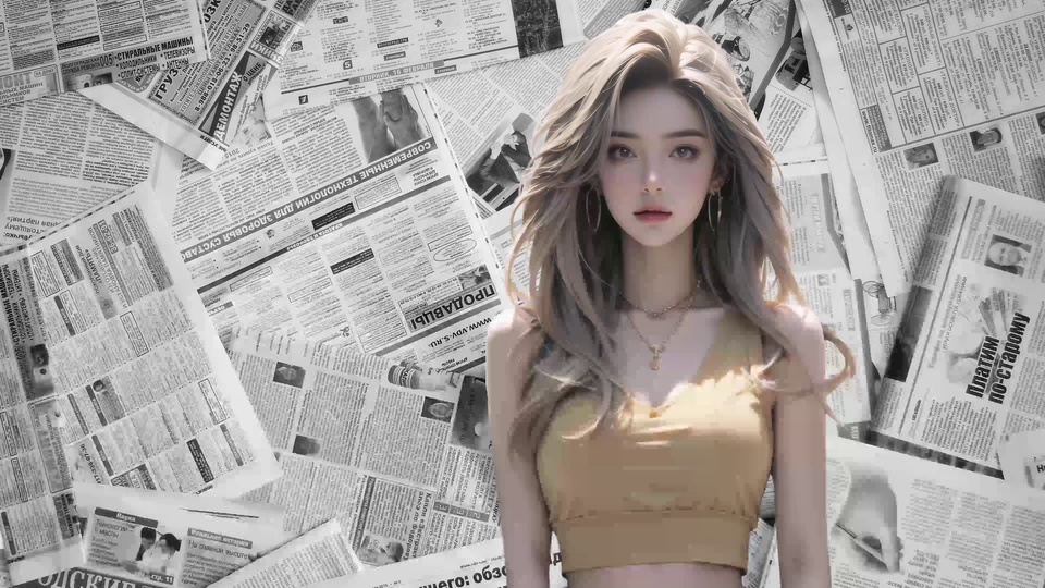 浅金色长卷发的报纸女孩身着土黄色短款吊带，佩戴大圈耳环与叠戴细项链，背景铺满印满俄文的黑白印刷报纸。