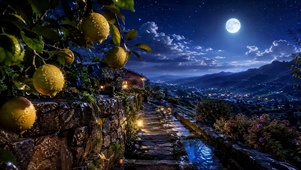 月夜山间柠檬小径唯美夜景