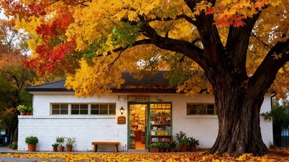 秋天屋前的枫叶树