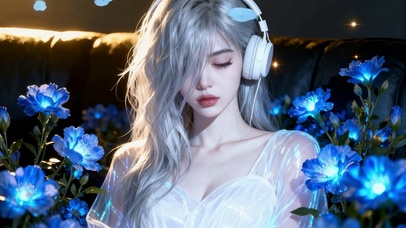 蓝色荧光花丛中灰发耳机纯欲美女
